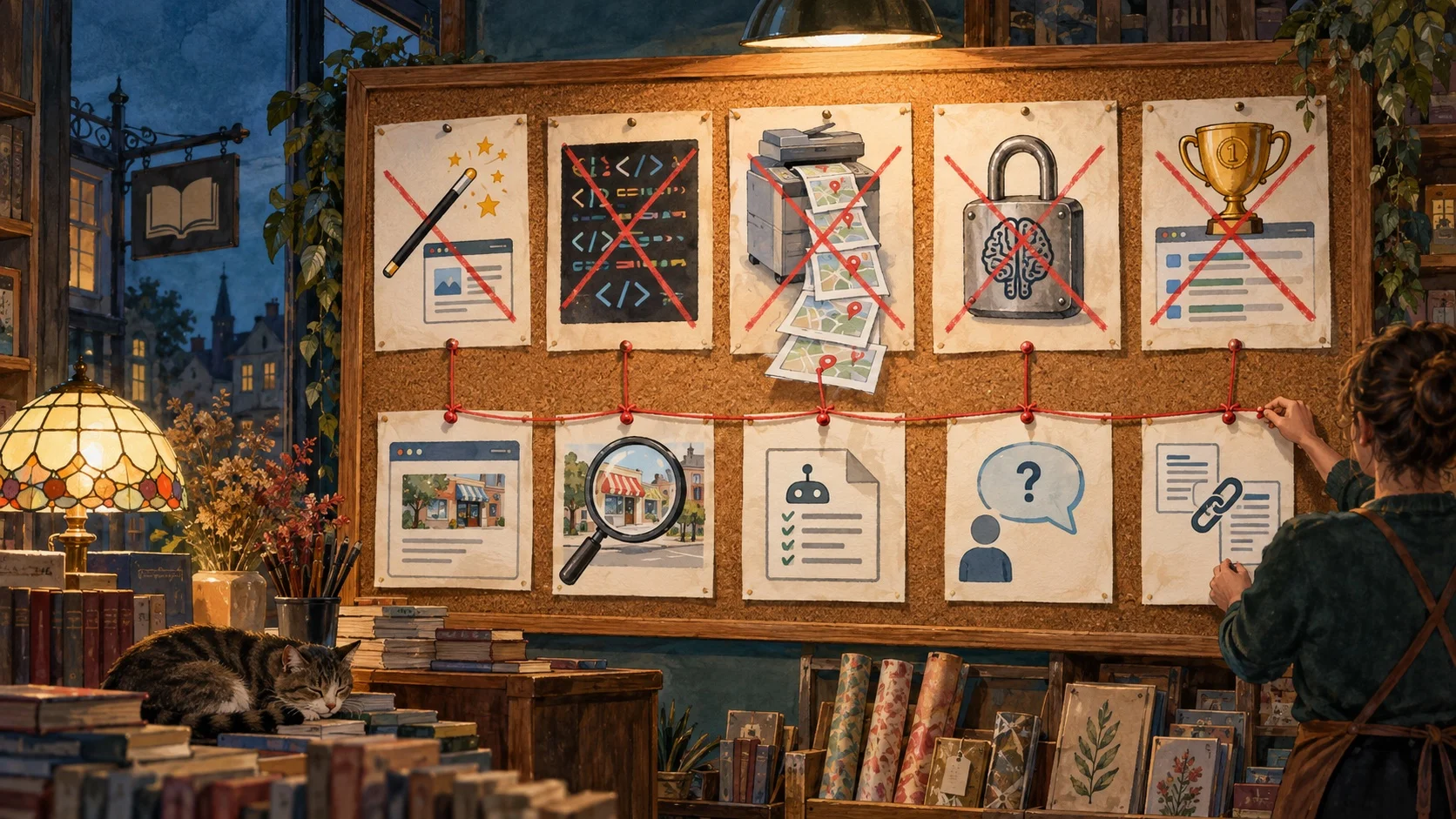 A small-business owner fact-checking five AI Visibility myths on a practical evidence board