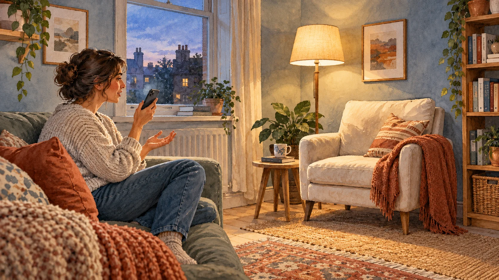 A shopper uses a phone while considering a reading corner with a cream armchair, oak table and warm lamp, illustrated in watercolour.
